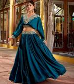 teal silk blend embroidered lehenga choli with free size upto 42