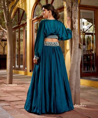teal silk blend embroidered lehenga choli with free size upto 42 2