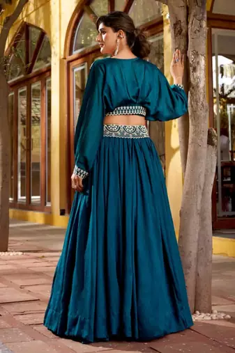 teal silk blend embroidered lehenga choli