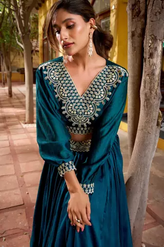 teal silk blend embroidered lehenga choli