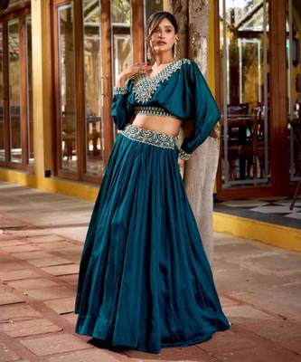 teal silk blend embroidered lehenga choli with free size upto 42 4