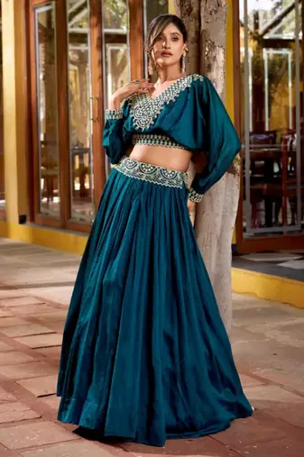 teal silk blend embroidered lehenga choli