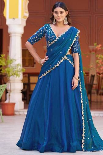 blue silk blend embroidered lehenga choli