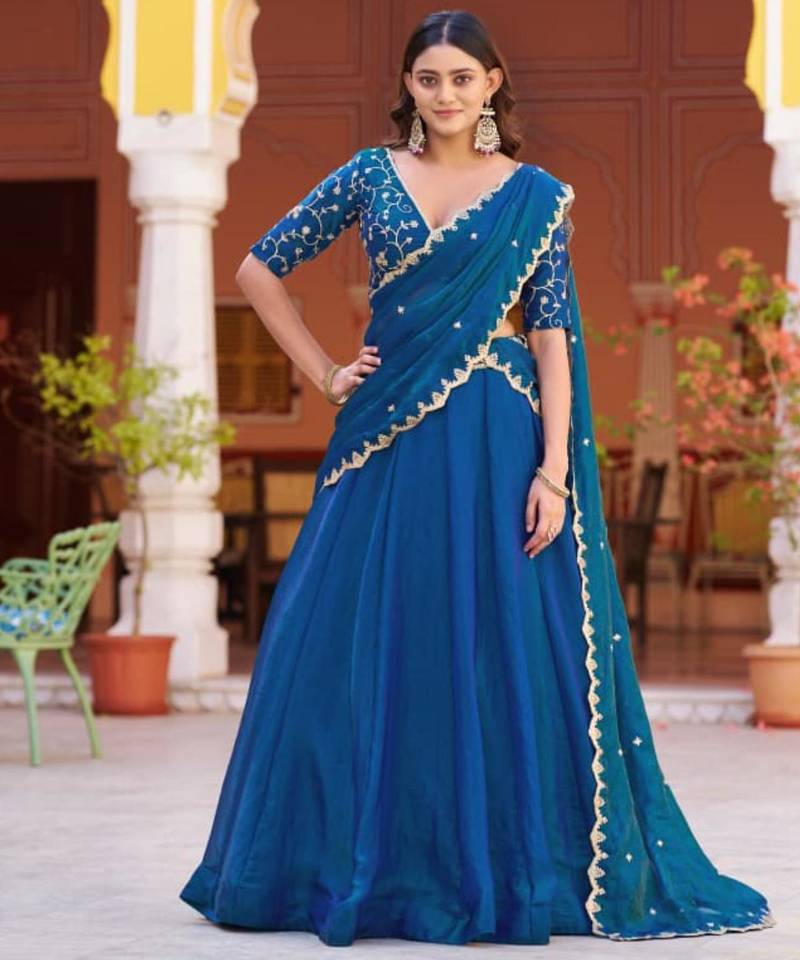 blue silk blend embroidered lehenga choli