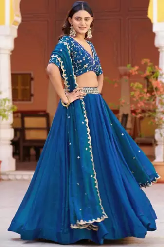 blue silk blend embroidered lehenga choli