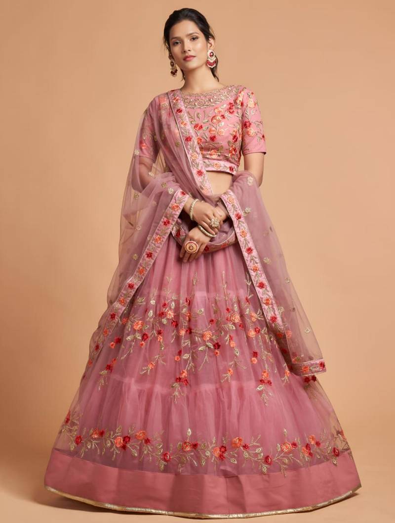 baby pink net embroidered lehenga choli