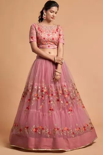 baby pink net embroidered lehenga choli