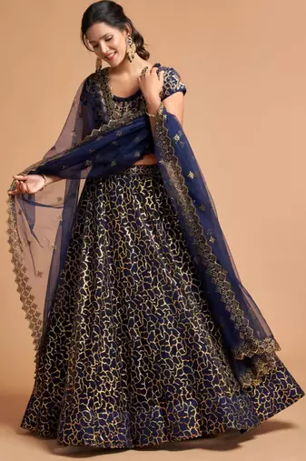 blue net embroidered lehenga choli