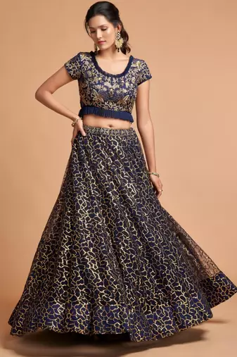 blue net embroidered lehenga choli