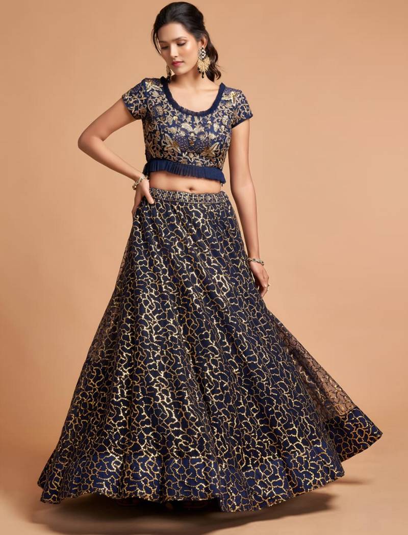 blue net embroidered lehenga choli