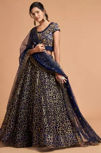 blue net embroidered lehenga choli