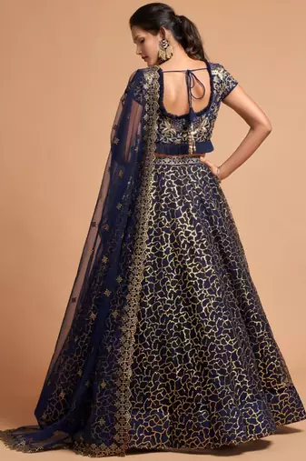 blue net embroidered lehenga choli
