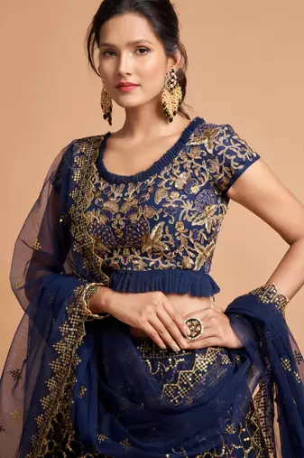 blue net embroidered lehenga choli