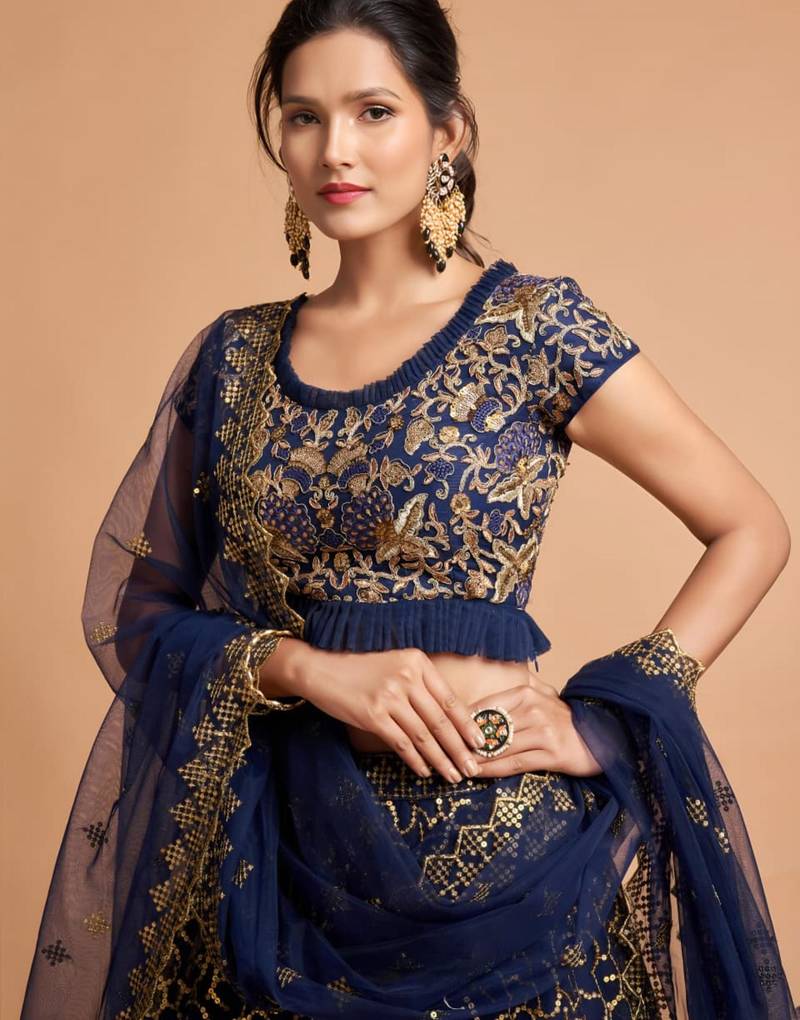 blue net embroidered lehenga choli