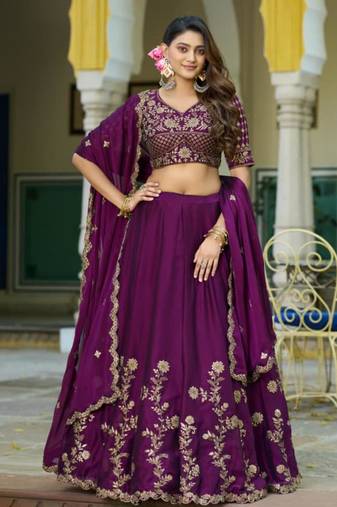 purple silk blend embroidered lehenga choli