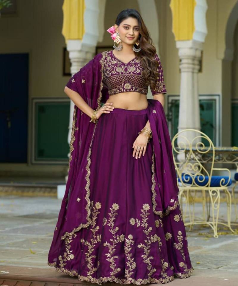 purple silk blend embroidered lehenga choli