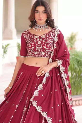 red silk blend embroidered lehenga choli