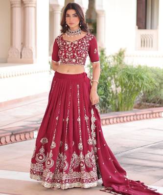 red silk blend embroidered lehenga choli 2