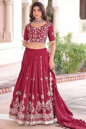 red silk blend embroidered lehenga choli