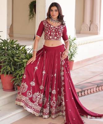 red silk blend embroidered lehenga choli 3