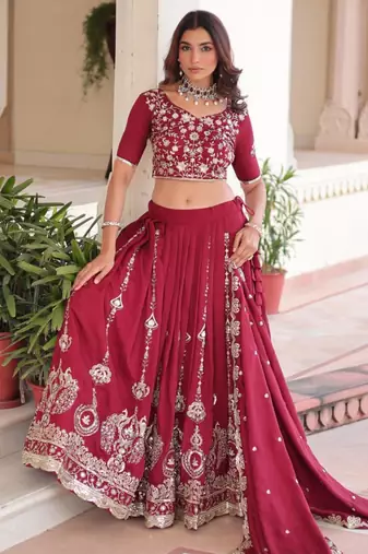 red silk blend embroidered lehenga choli
