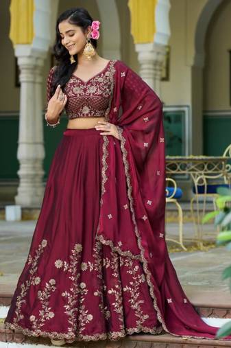 wine silk blend embroidered lehenga choli