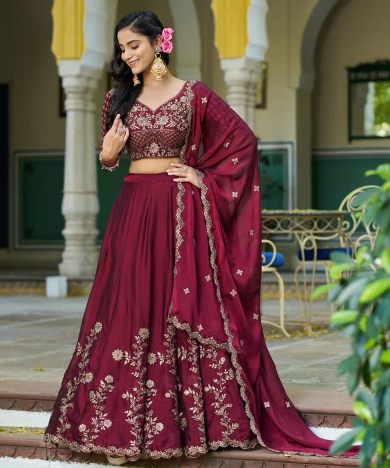 wine silk blend embroidered lehenga choli