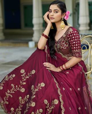 wine silk blend embroidered lehenga choli 3