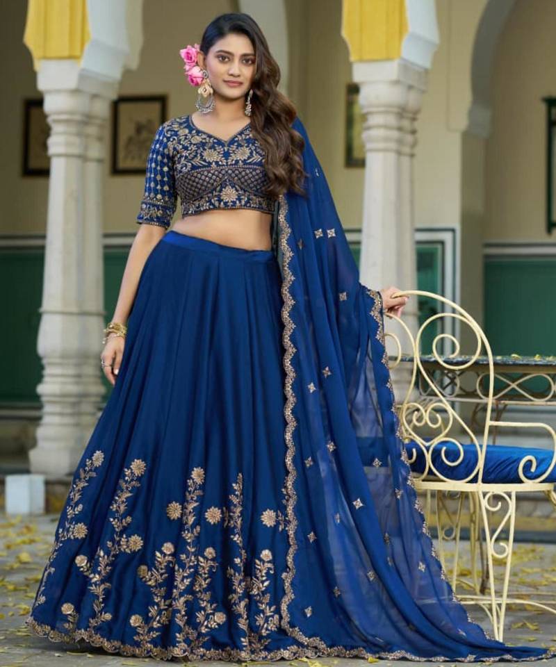 royal blue silk blend embroidered lehenga choli