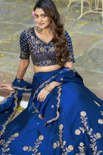 royal blue silk blend embroidered lehenga choli