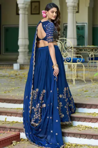 royal blue silk blend embroidered lehenga choli