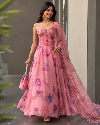 baby pink organza embroidered lehenga choli with free size upto 38 1