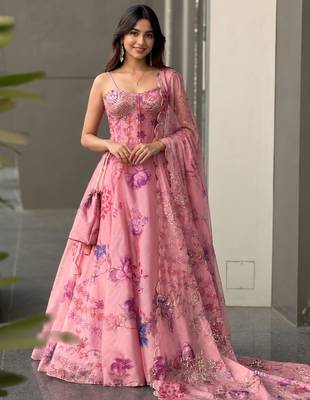 baby pink organza embroidered lehenga choli with free size upto 38 2