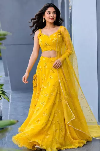 yellow organza embroidered lehenga choli