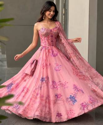 baby pink organza embroidered lehenga choli with free size upto 38 3