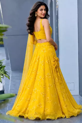 yellow organza embroidered lehenga choli
