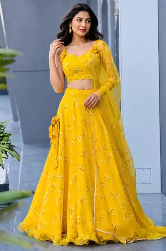 yellow organza embroidered lehenga choli