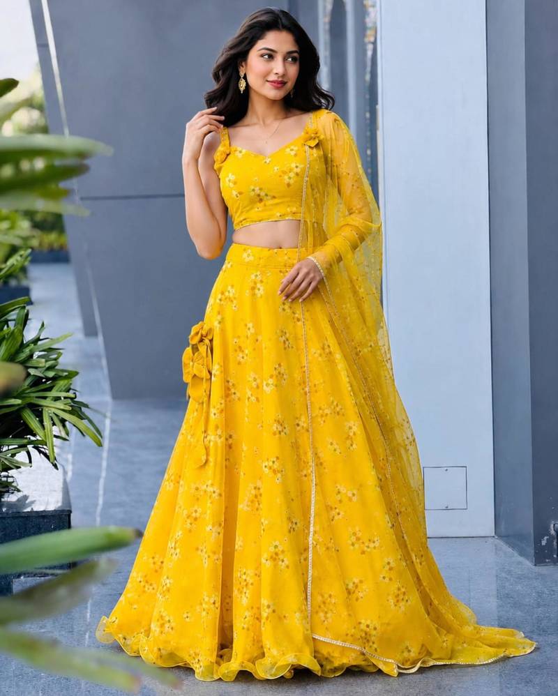 yellow organza embroidered lehenga choli