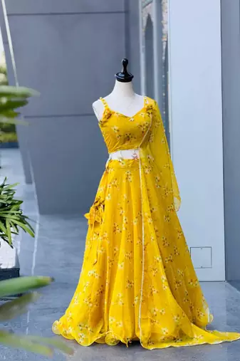 yellow organza embroidered lehenga choli