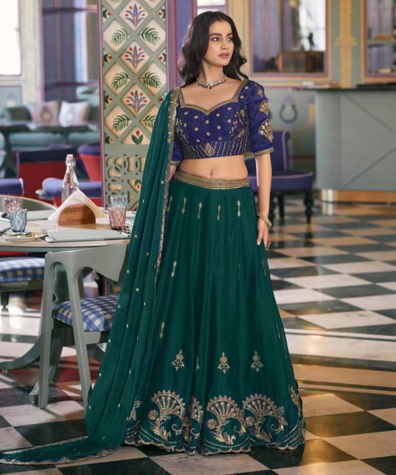 green silk blend embroidered lehenga choli