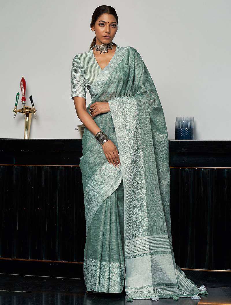lea green inen silk saree with work