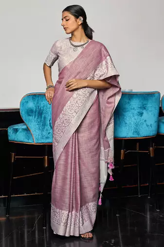 Purple linen silk saree with elegant work