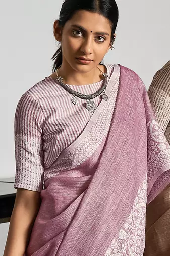 Purple linen silk saree with elegant work