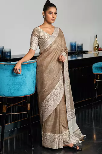 Brown linen silk saree with elegant work