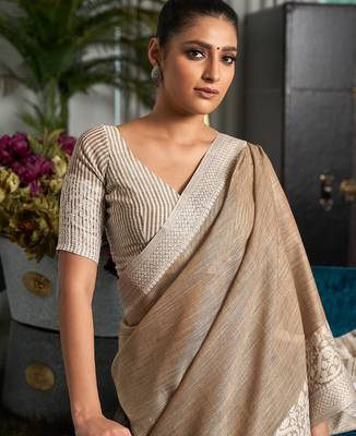 Brown linen silk saree with elegant work 2