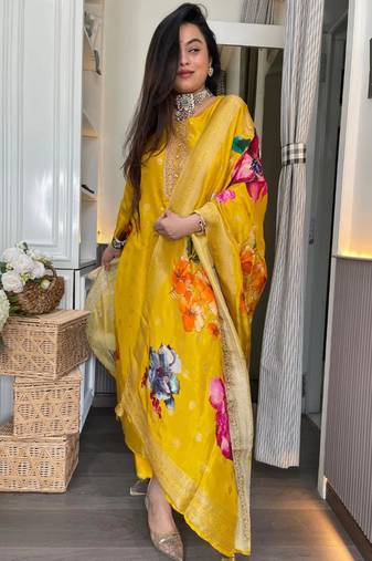  yellow embroidered viscose organza jacquard kurta pant set with printed dupatta