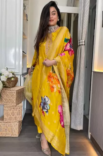  yellow embroidered viscose organza jacquard kurta pant set with printed dupatta