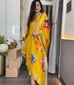  yellow embroidered viscose organza jacquard kurta pant set with printed dupatta