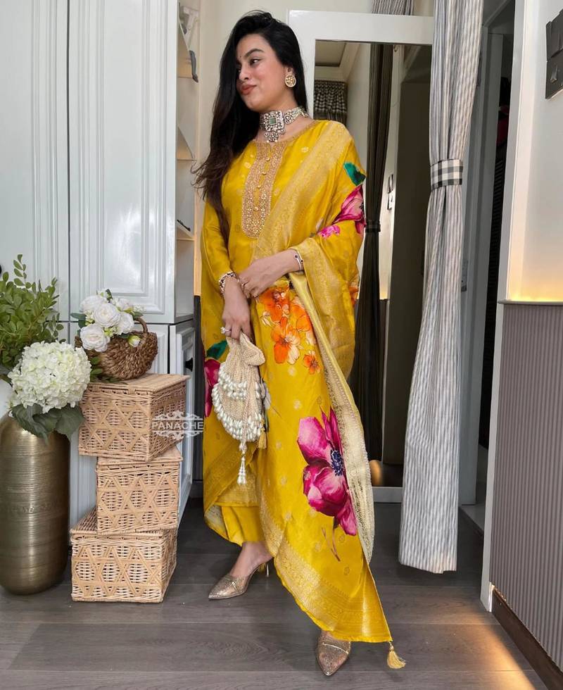  yellow embroidered viscose organza jacquard kurta pant set with printed dupatta