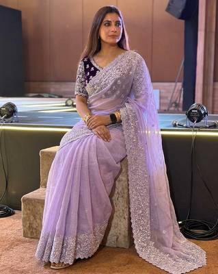 Premium Lavender Embroidery Saree 1